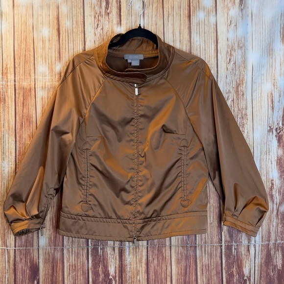 Eccoci Women’s Satin 3/4 Puff Sleeve Zip Jacket Double Zipper Brown Size 6 - Picture 4 of 11